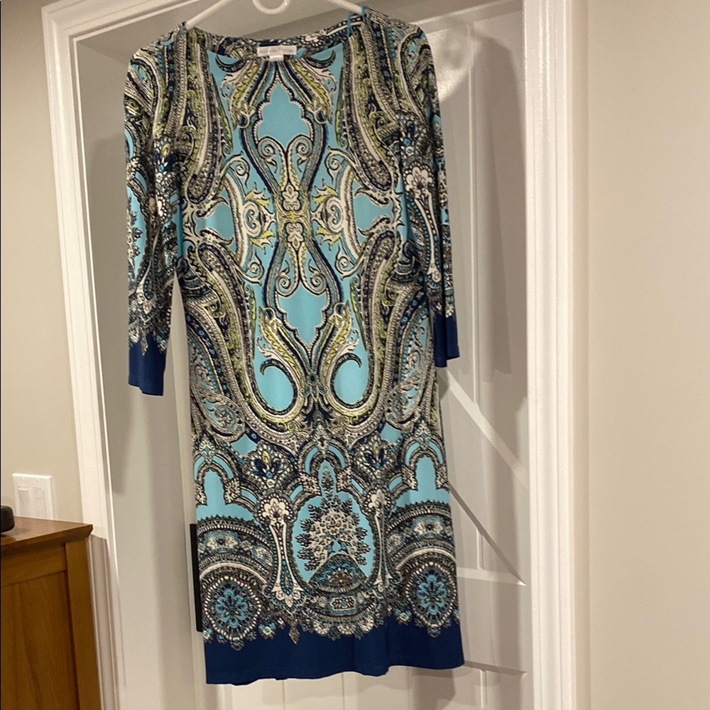 London Times Blue Sheath Dress with Cuffed Sleeves